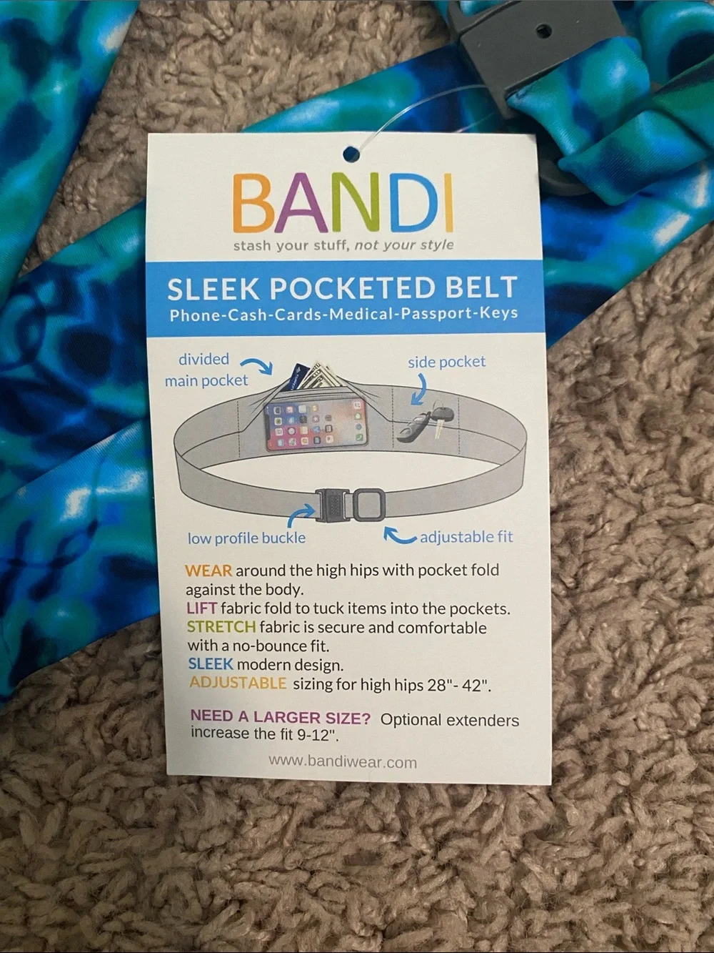 Blue Swirl Stretch waistband exercise travel pocketed belt